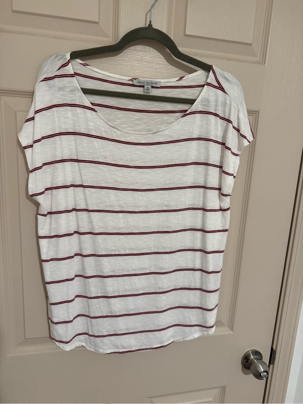 Green Envelope White Tee with Burgundy Stripes - Short Sleeve